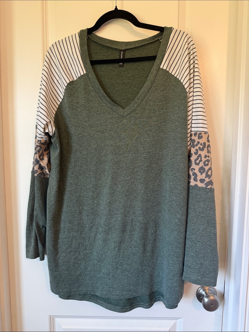 V-Neck Colorblock Pullover Top in Olive Green with Striped & Leopard Sleeves
